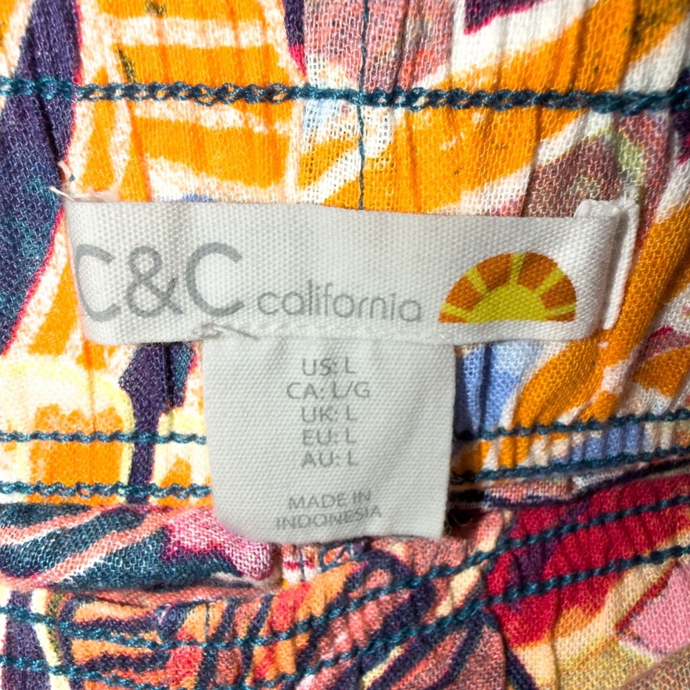 C & C California 100% Linen Wide Pants w/Pockets Tropical Floral Beach Sz Large - Picture 5 of 14